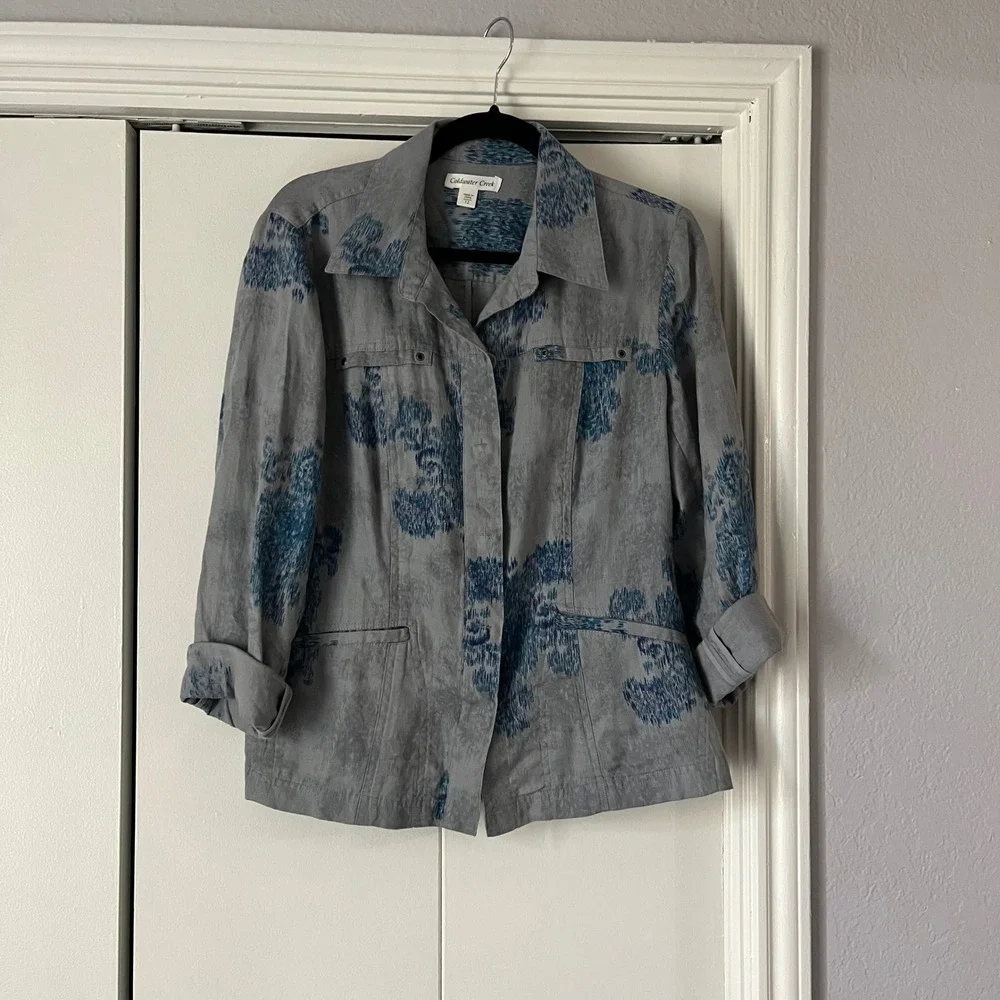 Coldwater‎ Creek Floral Print Button Down Shirt Jacket Collared Gray Blue 12
